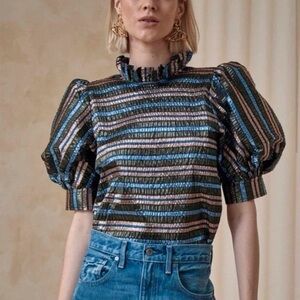 Hunter Bell Shimmering Striped Puff Sleeve Blouse